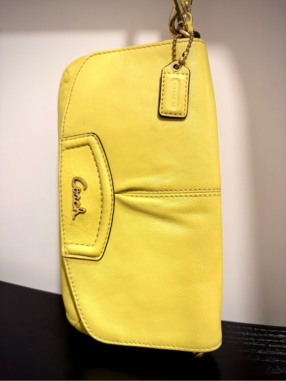 Coach Yellow Leather Wristlet Clutch with Logo Tag